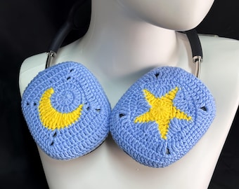 Handmade Star and Moon Crochet Headphone Cover: Sony XM3/4/5, Y2K Accessory