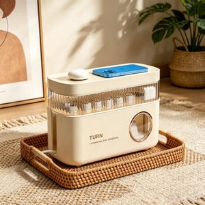 May include: A cream-colored rectangular cable management box with a clear ribbed section, featuring the text "TURN complexity into simplicity" and a circular window. A blue smartphone and a white object rest on the flat top surface.