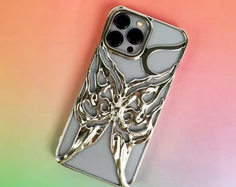 Silver Butterfly Metallic Glitter Phone Case, Cyberpunk Style, 3D Pattern, IPhone Case