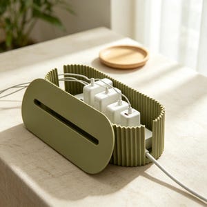 May include: An olive green cable management box with a ribbed exterior and a removable lid. The container holds a white power strip with multiple white charging adapters plugged in, with white cords extending through the side slots.