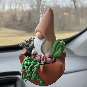 Succulent Garden Gnome Car Charm. Handmade Clay Car Dangle.