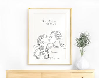 Custom Couple Line Art Portrait, Anniversary Gift for Her
