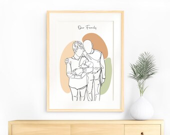 Retrato de família, desenho personalizado em linha, presente de Natal, ilustração personalizada, arte em uma única linha, presente para a família, retrato sem rosto