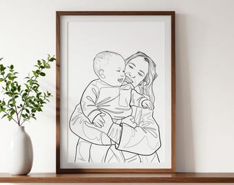 Custom Family Line Art Portrait from Photo: Mom Birthday Gift, Personalized Drawing