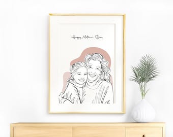 Custom Family Portrait from Photo, Line Drawing, Mother’s Day Gift for Grandma