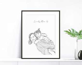 Personalized Mom and Daughter Portrait, Custom Family Drawing, Gift for Mom, Family Line Art, Portrait from Photo, Hand Drawn Portrait
