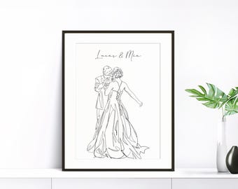 May include: A black and white line drawing of a couple dancing. The woman is wearing a long dress and the man is wearing a suit. The text "Lucas & Mia" is written above the couple.