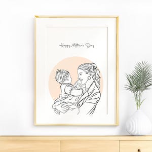 Regalo personalizzato per la festa della mamma, disegno di famiglia personalizzato, ritratto da foto, disegno a tratteggio, regalo unico per la mamma, illustrazione personalizzata