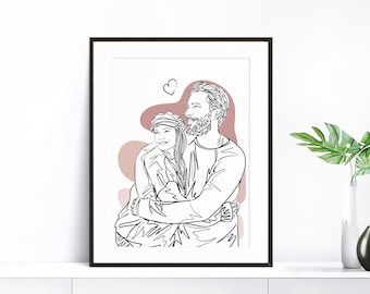 Aangepaste paar lijntekeningen portret, gepersonaliseerd cadeau, cadeau voor vriendin, aangepast portret van foto, cadeau voor haar, lijntekening, kunst aan de muur