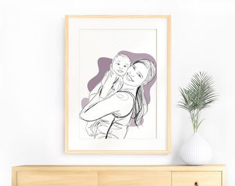 Custom Family Portrait Line Art: Personalized Mom Birthday Gift (Digital File)