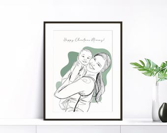 Christmas Gift for Mom, Custom Family Portrait from Photo, Personalized Gift for Woman, Line Drawing, Mom Gift from Daughter, One Line Art