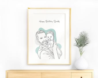 Custom Family Portrait, Personalized Dad Birthday Gift, Family Line Drawing, One Line Art, Gift for Dad from Daughter, Portrait from Photo