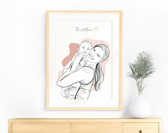 First Mom Gift, Custom Family Line Drawing, Personalized Mother’s Day Gift, Custom Portrait from Photo, One Line Art, Minimalist Wall Art
