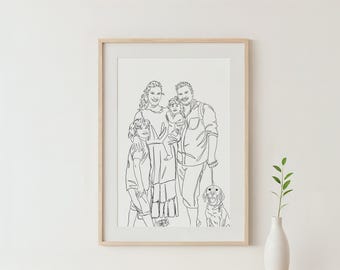 Custom Family Line Portrait: Drawing from Photo, Hand-Drawn, Gift for Christmas