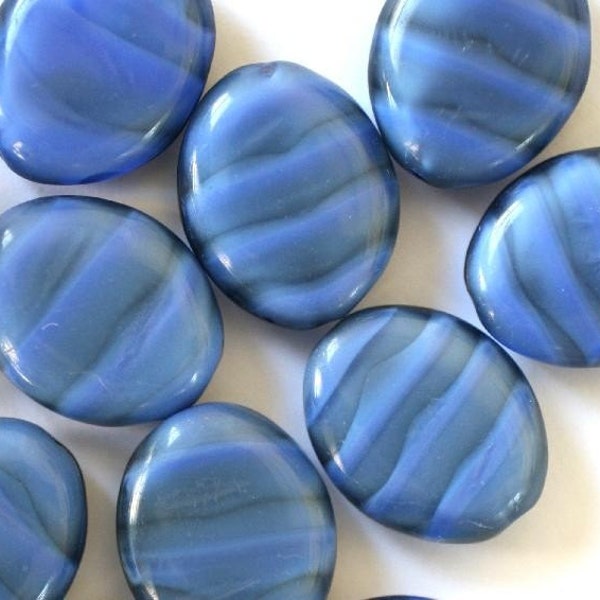 SALE CLEARANCE - Vintage Blue Black Flat Oval Stripe Striated Glass Beads - Last Lot of 6 - VB1611