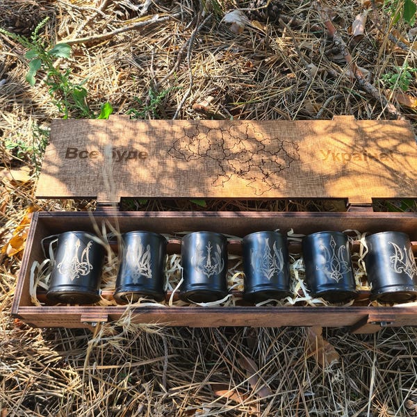 A05. Grenade Launcher Casing Shot Glasses: Set of 6 War Souvenir Cups (Brown box)