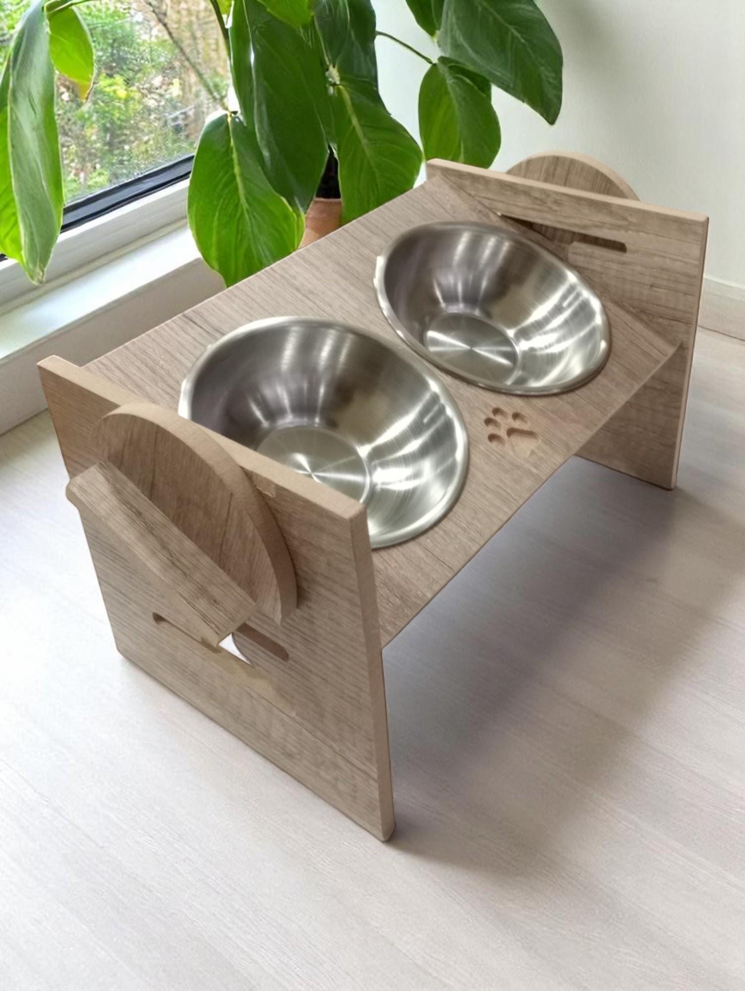 4-Stage Adjustable Wooden Cat Food Bowl Stand with 2 Food Bowls