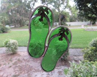 Palm Tree Flip Flops Stained Glass tropical beach Florida California