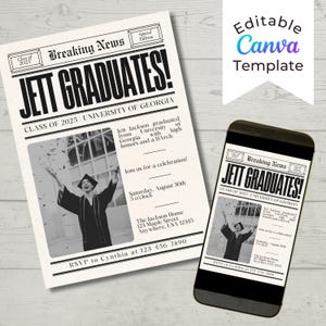 Newspaper Graduation Announcement, Graduation Party Invitation, Breaking News, Editable Photo, Canva Template, Printable, Digital Invite