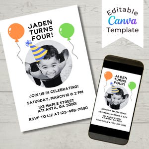 Editable Kids Birthday Party Invitation with Photo | Photo Birthday Invitation | Simple Kids Birthday Party Invite | Party Hat and Balloons
