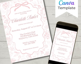 Pink Toile Baby Shower Invitation Template, Baby Girl Shower, Elegant Girl Baby Shower, Ribbon Bow,  Editable Canva Invite, Instant Download