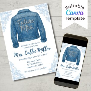 Könnte beinhalten: Eine Einladung zur Brautparty mit einem Design einer blauen Jeansjacke und dem Text "Future Mrs." in Silber. Die Einladung enthält Details zur Veranstaltung, wie Datum, Uhrzeit und Ort. Das Design wird auch auf einem Smartphone angezeigt.