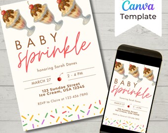 May include: A baby sprinkle invitation with ice cream sundae illustrations and the text "BABY Sprinkle." The invitation includes event details such as the date, time, and location. A smartphone displays the same invitation design.