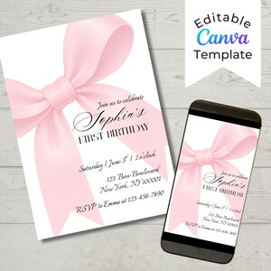 Pink Bow 1st Birthday Invitation, Girl First Birthday Invite, Elegant 1st, Pink Ribbon Theme Party, Editable Canva Template, Coquette Bow