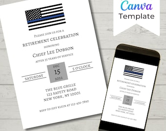Editable Police Retirement Invitation Template, Officer Retirement Party, Cop Retirement Invitation, Blue Line, American Flag Invitation