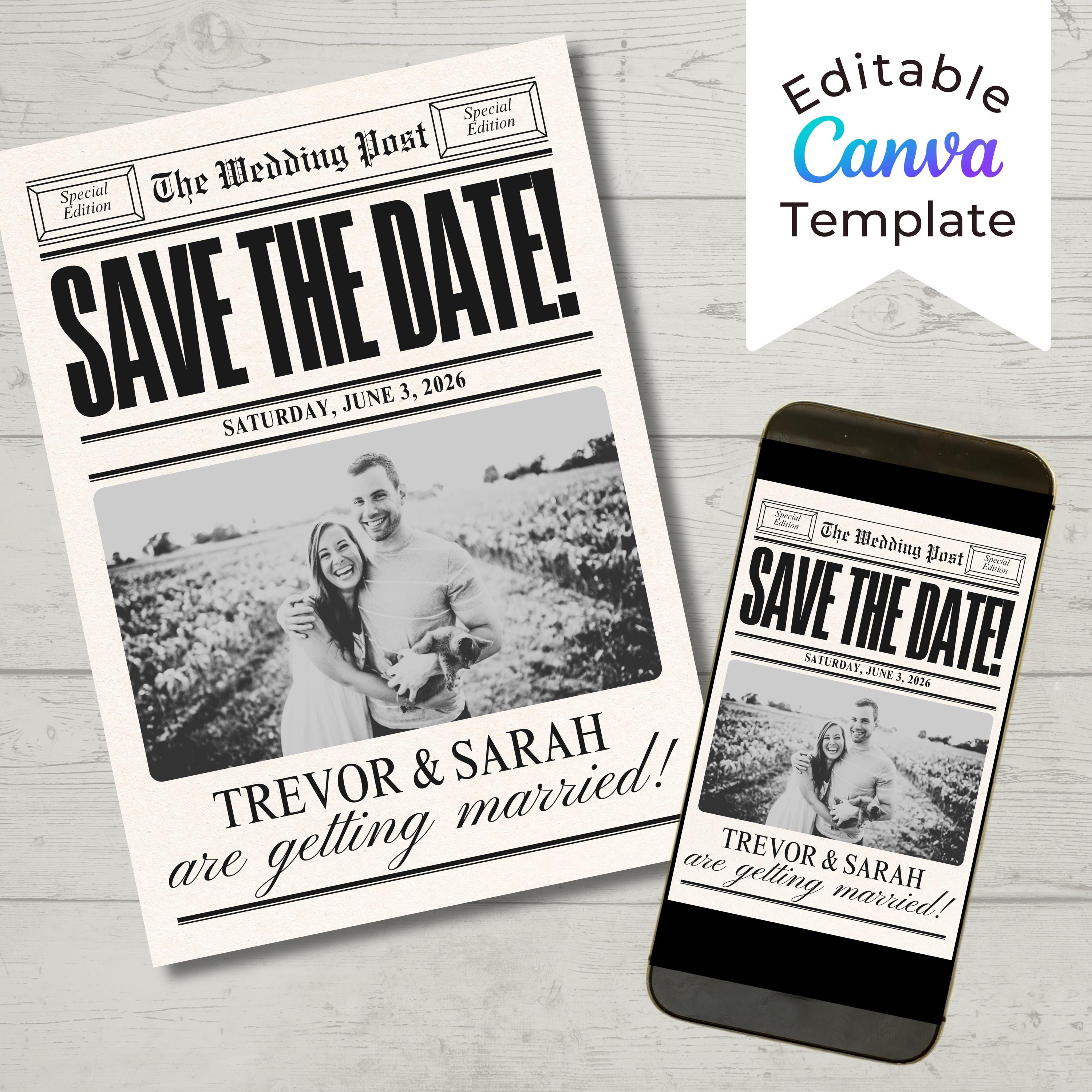Newspaper Style Save the Date Wedding Invite, Engagement Announcement, Vintage Design, Editable Canva Template, Printable, Digital Invite