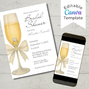 Pearls and Prosecco Invitation Template, Editable Bridal Shower Invite, Boho Glam Champagne, Instant Download, Canva Template, Printable