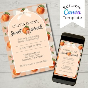 One Sweet Peach Birthday Invitation Template | Girl First Birthday Editable Canva Invite | Peach Theme Party Printable | Instant Download