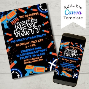 Editable Nerf Birthday Party Invitation Template, Nerf Invites, Nerf Dart Invitation, Boys Birthday Invite, Kids Birthday, Instant Download