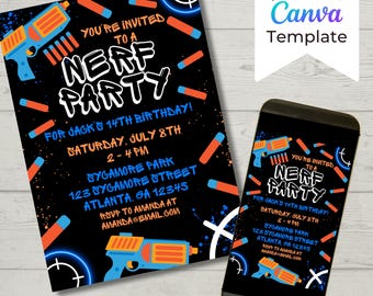 Editable Nerf Birthday Party Invitation Template, Nerf Invites, Nerf Dart Invitation, Boys Birthday Invite, Kids Birthday, Instant Download