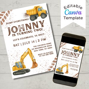 Construction Invitation, Construction Birthday Invitations, Dump Truck Party Invite, Boys Birthday Party, Printable Template, Editable