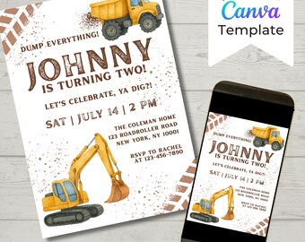 May include: An invitation template with a construction theme. The design features a yellow dump truck and excavator, with the text "Johnny is turning two!" and event details. Includes a phone mockup.