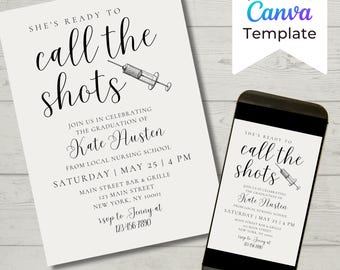 Editable Nurse Graduation Party Invitation, She&#39;s Ready to Call the Shots, Medical School Graduation Invitation, Nursing School Graduation