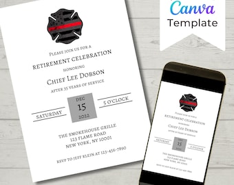 Editable Fire Retirement Party Invitation Template, Fire Chief Retirement, Maltese Cross Retirement Invitation, Red Line, Instant Download