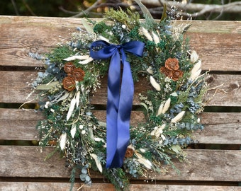 Winter Blues Wreath, housewarming gift, Mother's Day gift,  blue and green dried flower wreath, fragrant eucalyptus wreath