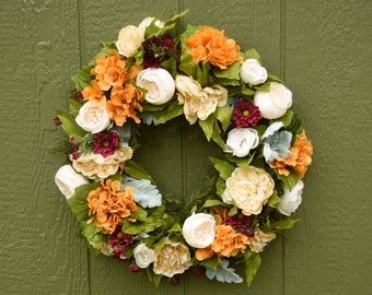 Fall silk wreath, Orange and burgundy front door wreath, outdoor wreath, fall wedding wreath, Halloween wreath, Orange hydrangea wreath,