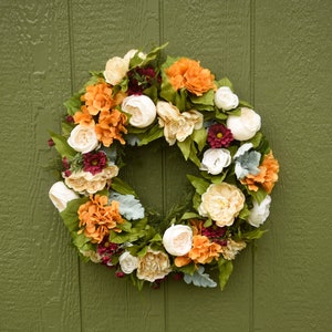 Fall silk wreath, Orange and burgundy front door wreath, outdoor wreath, fall wedding wreath, Halloween wreath, Orange hydrangea wreath, image 1