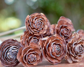 Natural Cedar Roses on Long Wooden Picks | Rustic Dried "Flowers" for Wedding Bouquets and Home Decor