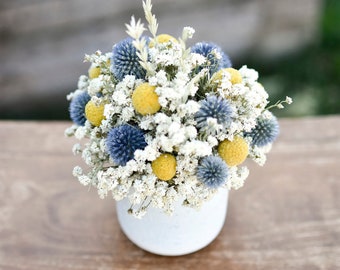 Billy balls and echinops floral pot, Mother's Day flowers, small floral arrangement, spring dried flowers,  small centerpiece
