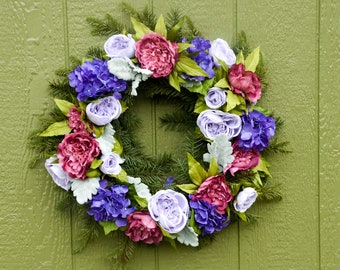 Luxurious purple hydrangea and peony wreath, artificial summer and fall wreath, purple peony wreath, lilac wreath,
