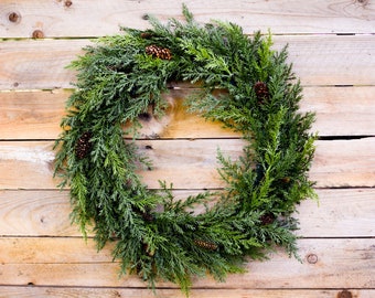 Artificial Cedar Wreath, faux cedar wreath, simple holiday wreath, fall wreath, Christmas cedar wreath, farmhouse wreath