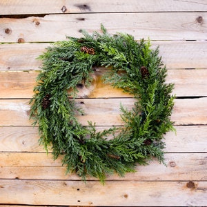 Artificial Cedar Wreath, faux cedar wreath, simple holiday wreath, fall wreath, Christmas cedar wreath, farmhouse wreath