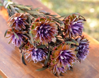 Puede incluir: Un ramo de flores de protea secas con pétalos marrones y morados. Las flores están dispuestas sobre una superficie de madera.