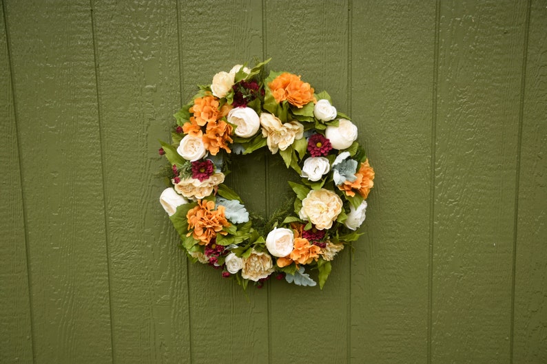 Fall silk wreath, Orange and burgundy front door wreath, outdoor wreath, fall wedding wreath, Halloween wreath, Orange hydrangea wreath, image 1