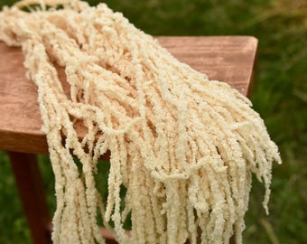 May include: A bundle of dried cream-colored amaranth flowers with long, cascading, textured, and feathery stems. The plant material features a dense, granular appearance along the length of each hanging strand, creating a soft, voluminous effect.