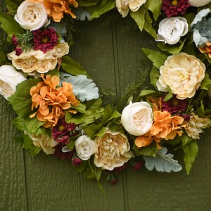Fall silk wreath, Orange and burgundy front door wreath, outdoor wreath, fall wedding wreath, Halloween wreath, Orange hydrangea wreath, image 6